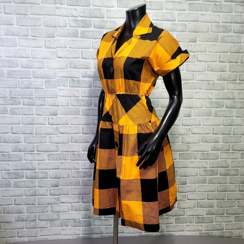 Vintage 70s 80s Joni Blair Dress Womens XS/S Orange Black Buffalo Plaid Cotton - Picture 5 of 11
